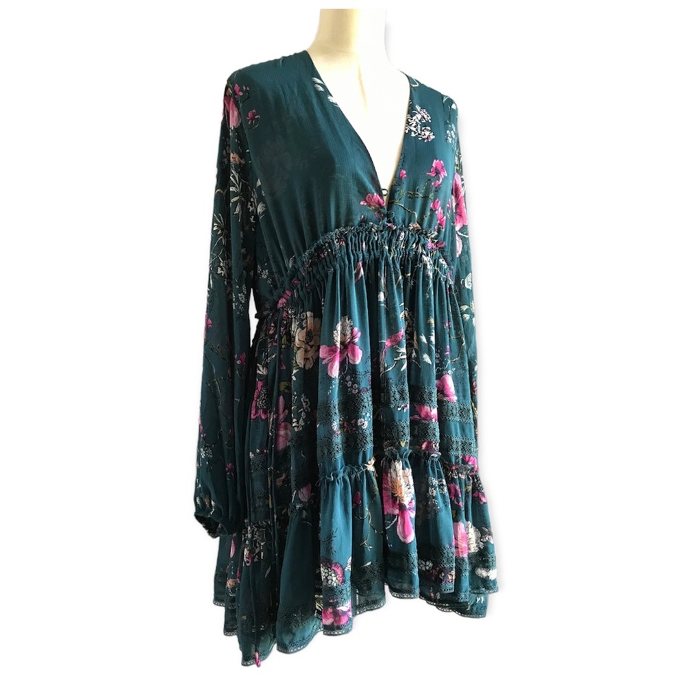 Free People Cherry Blossom Mini Dress in Emerald Combo